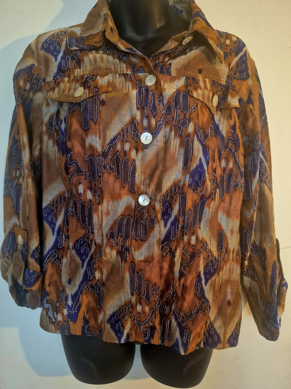 Ruby Rd Abstract Print Shimmer Jacket Size 10 Brown Blue Roll Tab Sleeve Button